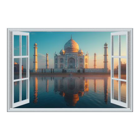 Yashashv™ Fake Window Taj Mahal Reflection View Wall Sticker – Iconic Monument Reflection 3D Window Illusion Vinyl Wall Decor
