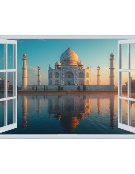 Yashashv™ Fake Window Taj Mahal Reflection View Wall Sticker – Iconic Monument Reflection 3D Window Illusion Vinyl Wall Decor