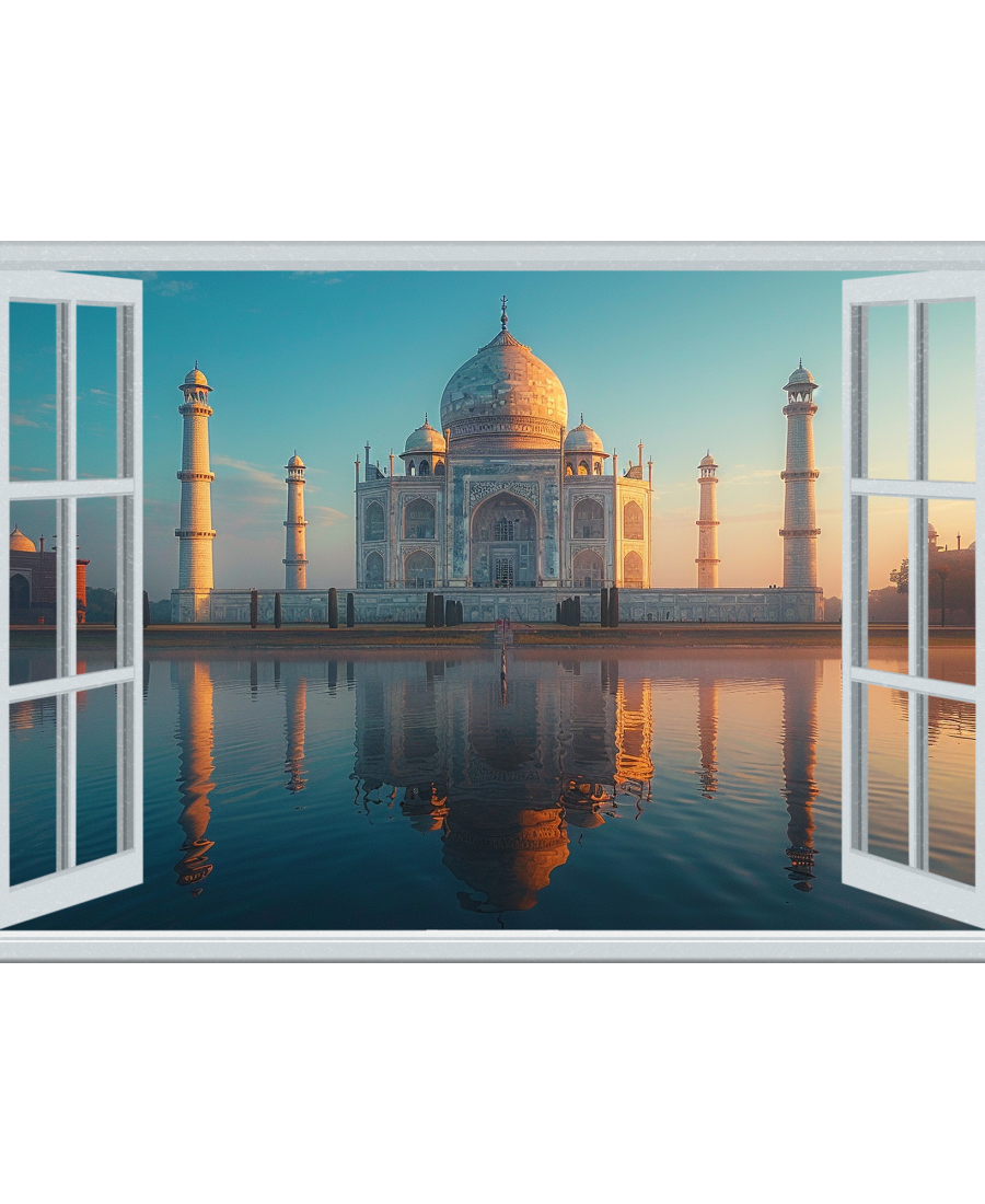 Yashashv™ Fake Window Taj Mahal Reflection View Wall Sticker – Iconic Monument Reflection 3D Window Illusion Vinyl Wall Decor