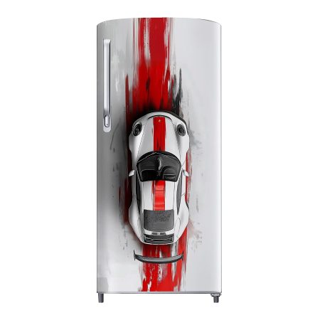Yashashv™ Supercar Red Stripe Fridge Sticker – Luxury Sports Car Vinyl Refrigerator Wrap for Modern Home & Garage Decor