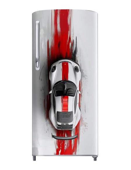 Yashashv™ Supercar Red Stripe Fridge Sticker – Luxury Sports Car Vinyl Refrigerator Wrap for Modern Home & Garage Decor