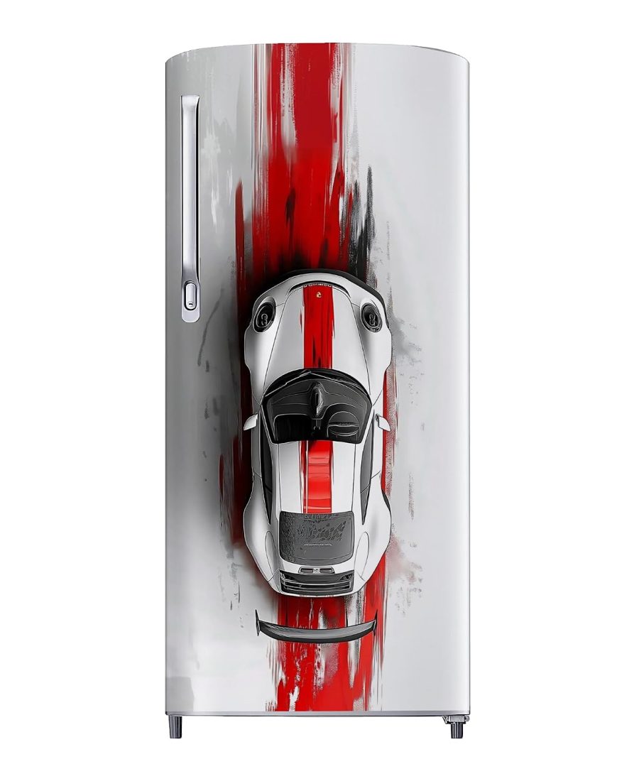 Yashashv™ Supercar Red Stripe Fridge Sticker – Luxury Sports Car Vinyl Refrigerator Wrap for Modern Home & Garage Decor