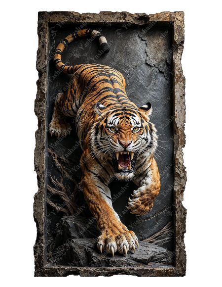 Yashashv Tiger 3D Wall Sticker | Roaring Tiger Coming Towards You 3D Illusion | Tiger Coming Out of Wall Self Adhesive Vinyl Decal | Wildlife Decor for Living Room, Kids Room & Office