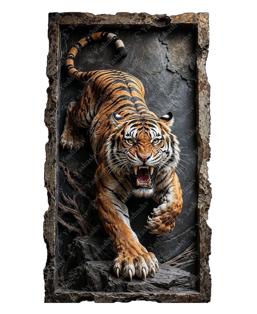 Yashashv Tiger 3D Wall Sticker | Roaring Tiger Coming Towards You 3D Illusion | Tiger Coming Out of Wall Self Adhesive Vinyl Decal | Wildlife Decor for Living Room, Kids Room & Office